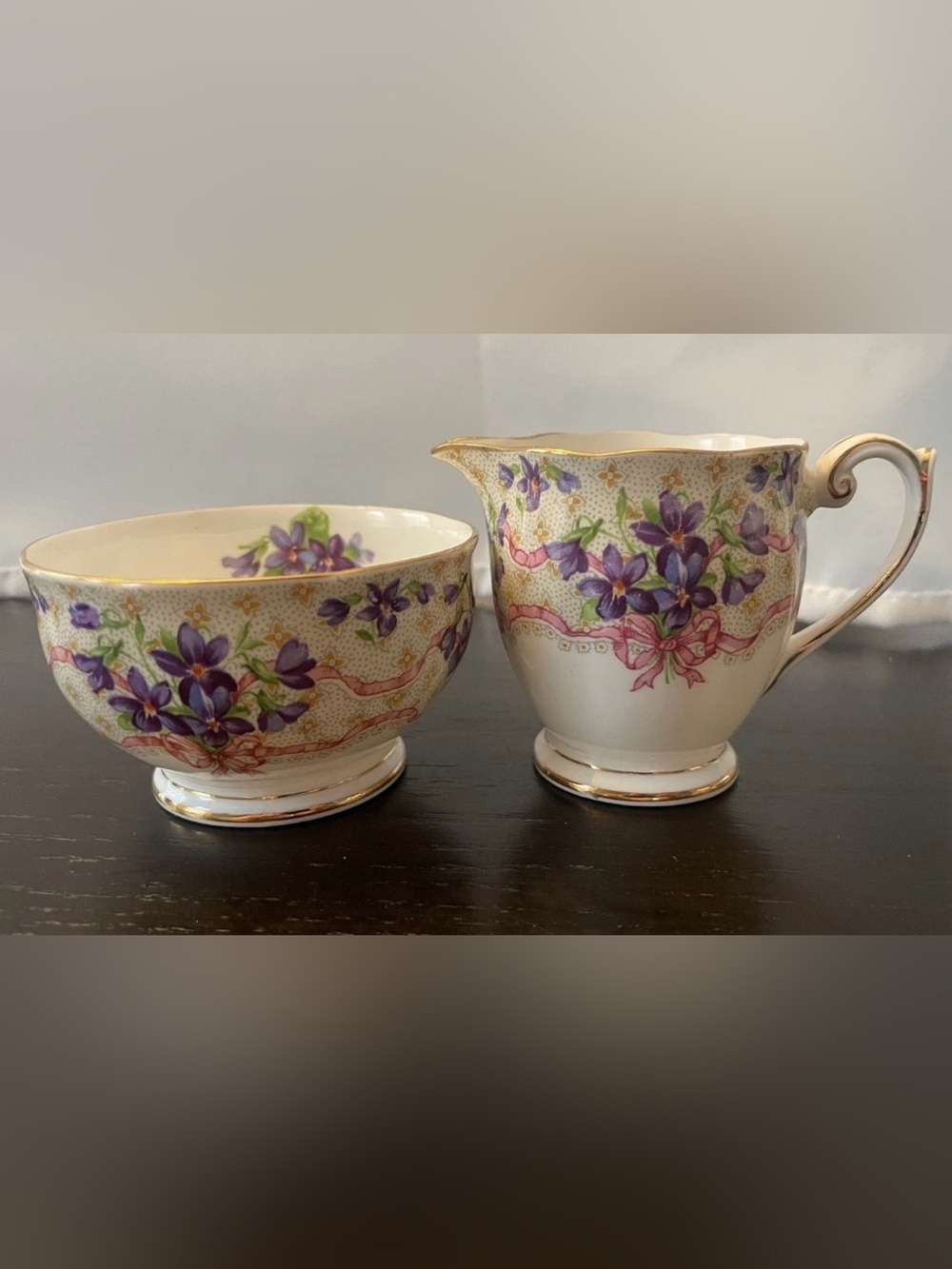 Vintage Queen Anne Sweet Violets Bone China mini creamer & open sugar bowl